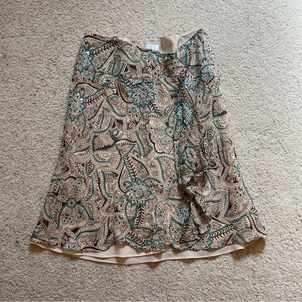 Brown and blue paisley midi skirt with a floral pattern and sequin design